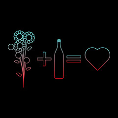 Simple linear illustration of the dating formula - a bouquet of flowers plus a bottle of wine equals love. Gradient colors on a black background. Vector.