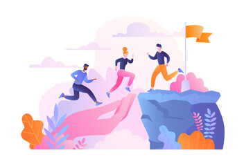 Helping colleagues concept. Teamwork, unity, path to common goal, business. Success, motivation. Boss hand helps employees reach top. Cartoon flat vector illustration isolated on white background