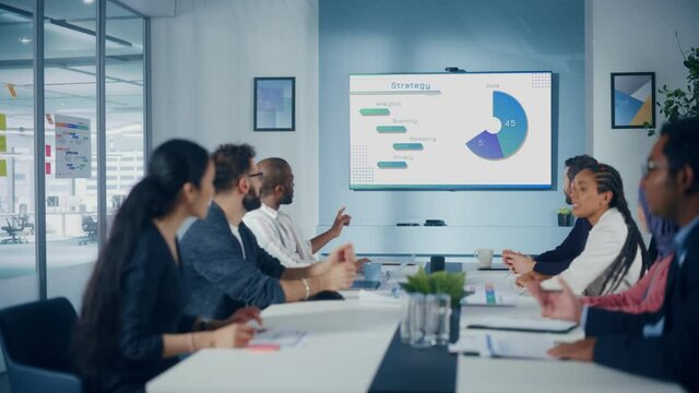 Multi-Ethnic Office Conference Room Meeting: Diverse Team of Managers, Executives Talk, Uses Wall TV with Big Data Analysis, Charts and Infographics. Businesspeople Investing in e Commerce Startup - Powered by Adobe