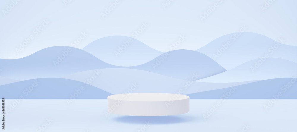 Wall mural empty white cylinder podium floating on blue wave background. abstract pastel minimal studio 3d geom