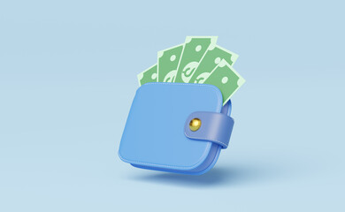 Cash money into wallet float on blue background. Mobile banking and Online payment service. Saving dollar wealth and business financial concept. Transfer and Currency exchange online. 3d render.