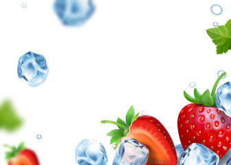 Red strawberry background. Sweet berry with ice cubes vecor realistic