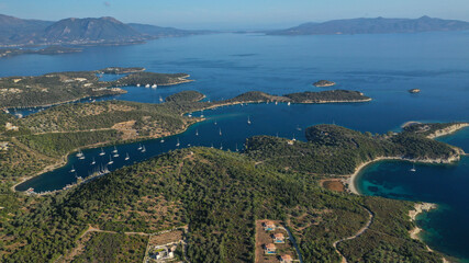 Aerial drone photo of fjord looking paradise bays in island of Meganisi a true sail boat and yacht calm sea anchorage protected by winds, Ionian, Greece