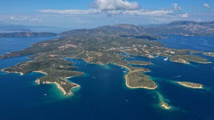 Aerial drone photo of fjord looking paradise bays in island of Meganisi a true sail boat and yacht calm sea anchorage protected by winds, Ionian, Greece