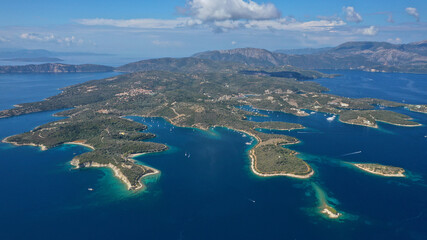 Aerial drone photo of fjord looking paradise bays in island of Meganisi a true sail boat and yacht...
