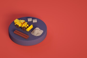 3D illustration, objects on a small stage yellow tractor, pipes, sand or pebbles, concrete blocks. Industrial construction process. Objects on a red isolated background. 3D graphics