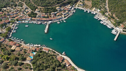 Aerial drone photo of fjord bay and port of Vathi a natural sail boat anchorage in island of...