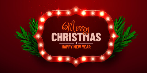 Christmas bright background. Retro Christmas light sign.