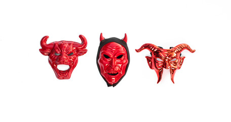 collection of red devil masks isolated on white background