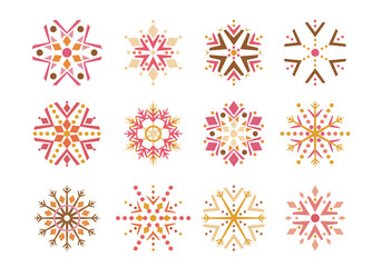 Set of abstract geometric snowflakes in gold shades. vector illustration