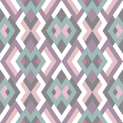 Abstract seamless pattern. Vector geometric background of triangles in green and violet colors. Mosaic texture for textile, clown, carpeting, warp, book cover, clothes