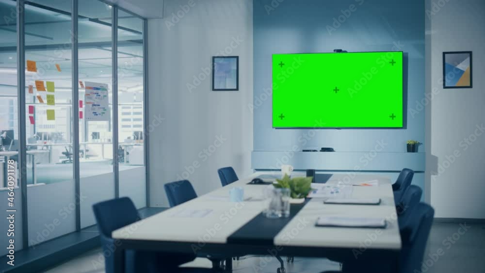 Aufkleber modern empty meeting room with big conference table with various documents and laptops on it, on the