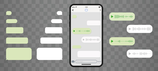 Mockup of Chat in Mobile Phone on Transparent Background. Telegram messenger. Interface Template of Mobile App with Text and Voice Messages on Bubble. Conversation on Smartphone Screen. Vector