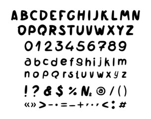 Collection of latin letters, numbers and punctuation marks. English alphabet. Black textured font.