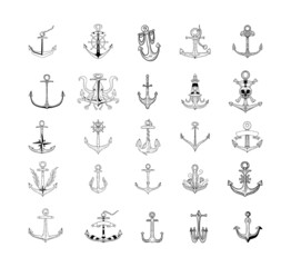 Collection of monochrome illustrations of anchors in sketch style. Hand drawings in art ink style. Black and white graphics.