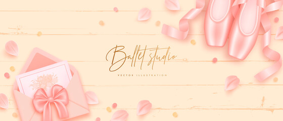 Ballet studio banner with realistic ballet pointe shoes fashion pair and envelope on a beige wooden background. Vector illustration of traditional footwear ballerina