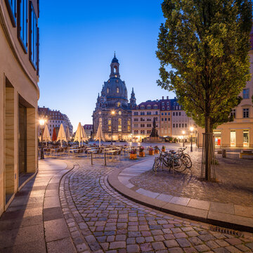 Dresden Frauenkirche (Church of Our Lady) and Neumarkt square at night, Saxony, Germany