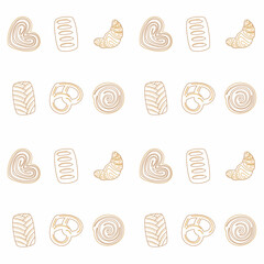Baking pattern. A set of pastries from a bakery or pastry shop. Bakery or cafe concept. Vector illustration.