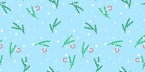 Tree branch with christmas toy and snowflakes seamless pattern. Christmas vector illustration. For wrapping paper, design, postcard, fabric, baby clothes, baby room. Christmas and New Year background.
