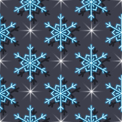 Snowflakes neon seamless pattern. Christmas background vector illustration. For wrapping paper, design, postcard, fabric, baby clothes, baby room. Christmas and New Year concept.