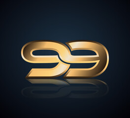 Gold Logo 3D Shine in Dark Background with Realistic Reflection Number 99 - obrazy, fototapety, plakaty