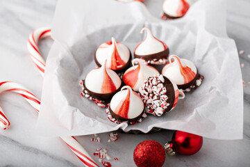 Peppermint meringues dipped in chocolate, Christmas treat