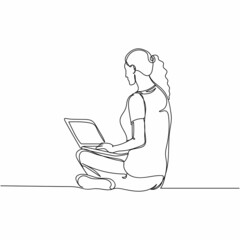 Vector continuous one single line drawing of woman work using laptop in silhouette on a white background. Linear stylized.