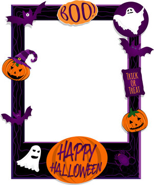 Black halloween photo frame poster with pumpkins, bats, spider and ghosts. Photoboth concept