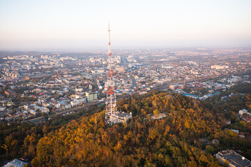 Aerial view on Union of Lublin Mound in High Castle Mountain in Lviv