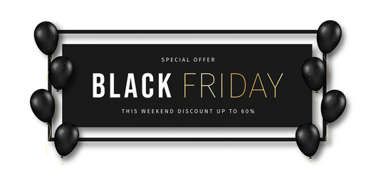Black Friday banner. Black frame with luxury golden text and flying balloons. Black Friday advertising banner and poster, brochure and flyer design. Vector