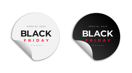 Black Friday stickers and tags. Black and white stickers with text on white background. Black Friday promotional banner, sticker and tag mockup. Vector - 464093958