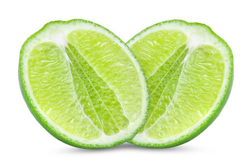 Whole lime fruit and slices isolated on white background with clipping path