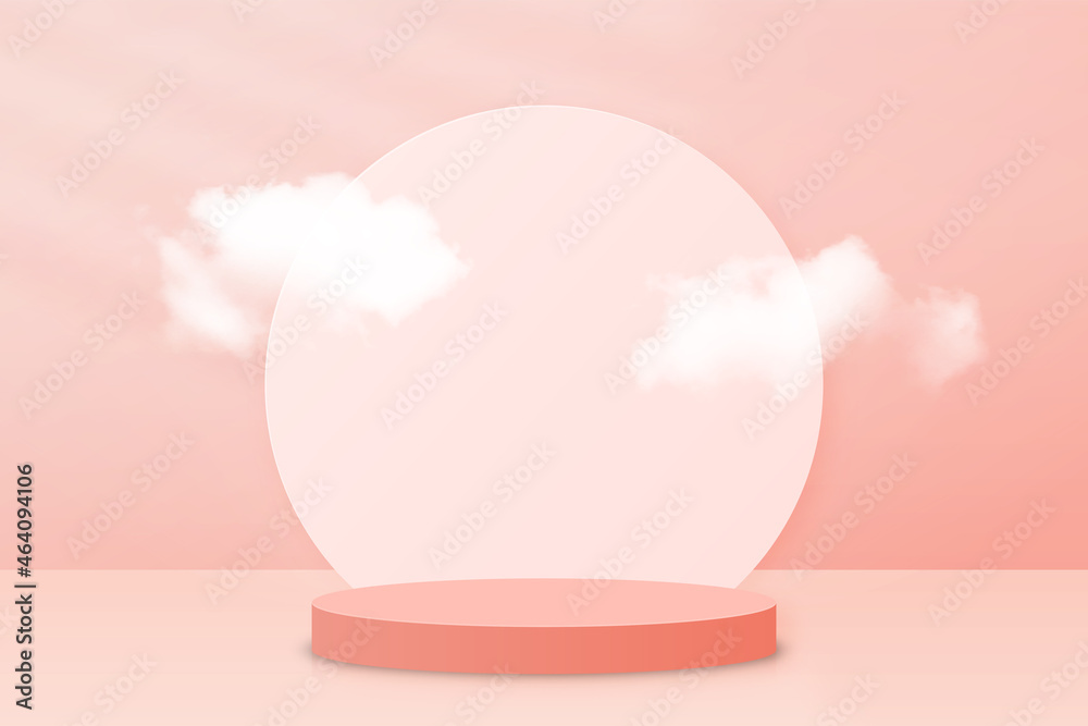 Poster 3d podium with clouds on abstract background. Abstract scene with podium or platform for product presentation. Luxury background in pastel colors with podium mockup. Vector