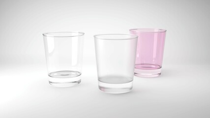 Three empty transparent frosted and color glasses on white background 3D rendering illustration