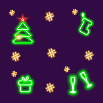 New Years neon icons with green glow on a purple background