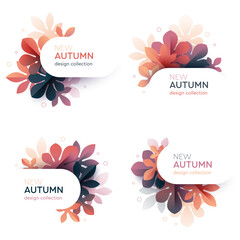 Autumnal themed badges set. Compositions of colorful fall leaves and branches. Design template for seasonal offer, sale poster, banner, promotion announcement. Geometric flat style vector illustration