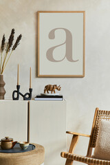 Stylish composition of modern living room interior with mock up poster frame, wooden sideboard,...