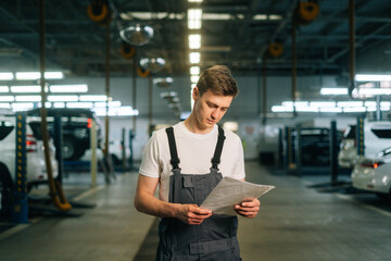 Front view of focused handsome young mechanic male wearing uniform reading clipboard standing in...