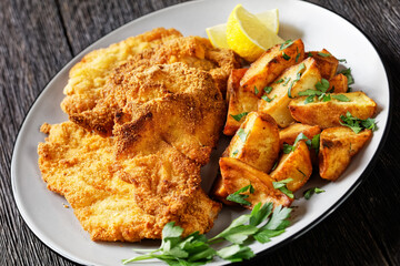 crispy Chicken Cutlets with spicy roasted potatoes