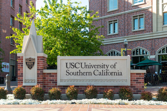 Los Angeles, California - March 2021: University of Southern California USC sign at the Village  