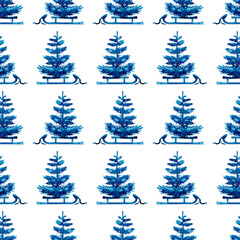 XMAS watercolor Pine Tree and Sleigh Seamless Pattern in Blue Color. Hand Painted fir tree background or wallpaper for Ornament, Wrapping or Christmas Gift