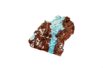 Macro mineral aurichalcite stone on microcline on white background