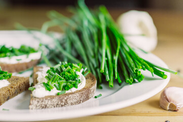 rye bread sandwiches with fresh cheeses and green onions
