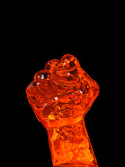 Spirit glowing hot lava fist. Hand gesture on black screen background. Hold on or fist or power.