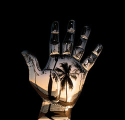 Opened silver palm and hand gesture on black screen background. High five.
