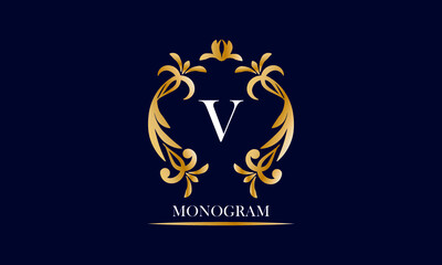 Golden elegant monogram on a black background with the inscription and the letter V in white. Vector heraldic illustration. Luxury ornament sign, restaurant, boutique, cafe, hotel