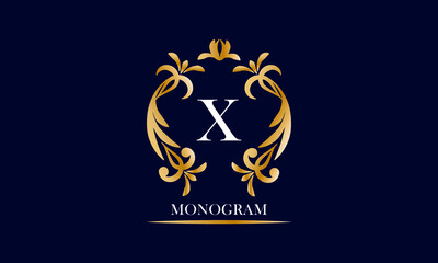 Golden elegant monogram on a black background with the inscription and the letter X in white. Vector heraldic illustration. Luxury ornament sign, restaurant, boutique, cafe, hotel