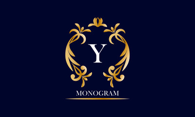 Golden elegant monogram on a black background with the inscription and the letter Y in white. Vector heraldic illustration. Luxury ornament sign, restaurant, boutique, cafe, hotel