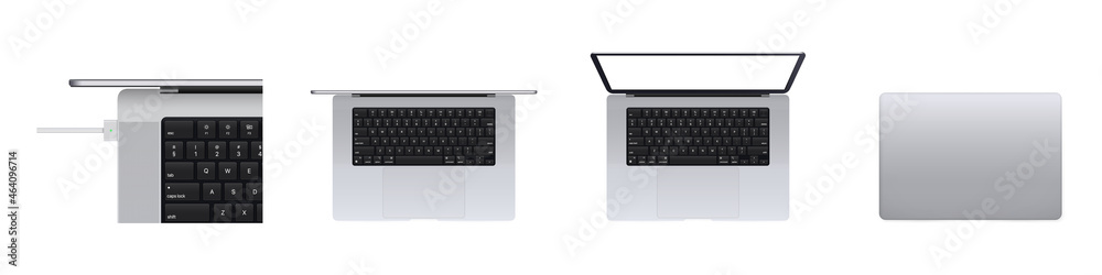 Poster laptop realistic computer in mockup style. isometric, frontal, top view, perspective. side, top view