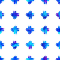 Watercolor Brush Cross Seamless Pattern Grange Geometric Design in Blue Color. Modern Grung Collage Background